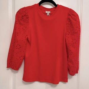 Poppy red eyelet contrast sleeved top